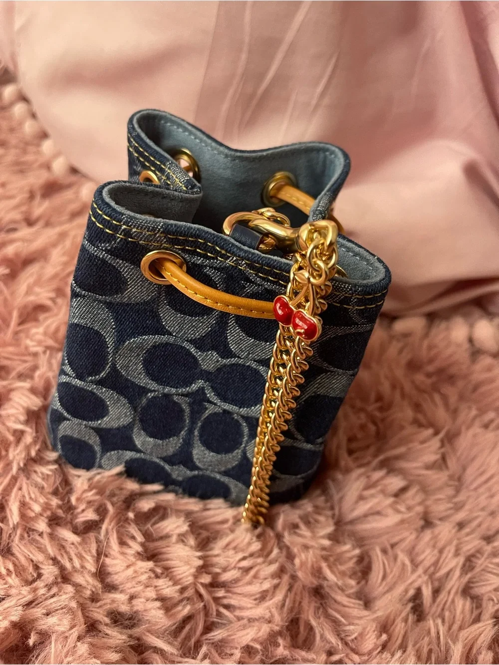 Coach Denim Mini Drawstring Bag in Blue with Tan Trim - Picture 5 of 12